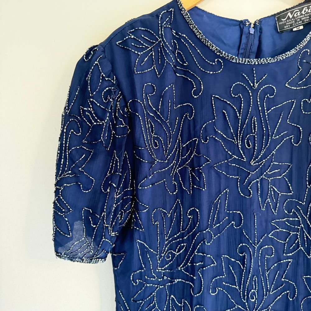 Vintage 100% Silk Sequin Navy Cocktail Party Evening Mini Dress Size Medium 90's - Picture 3 of 8